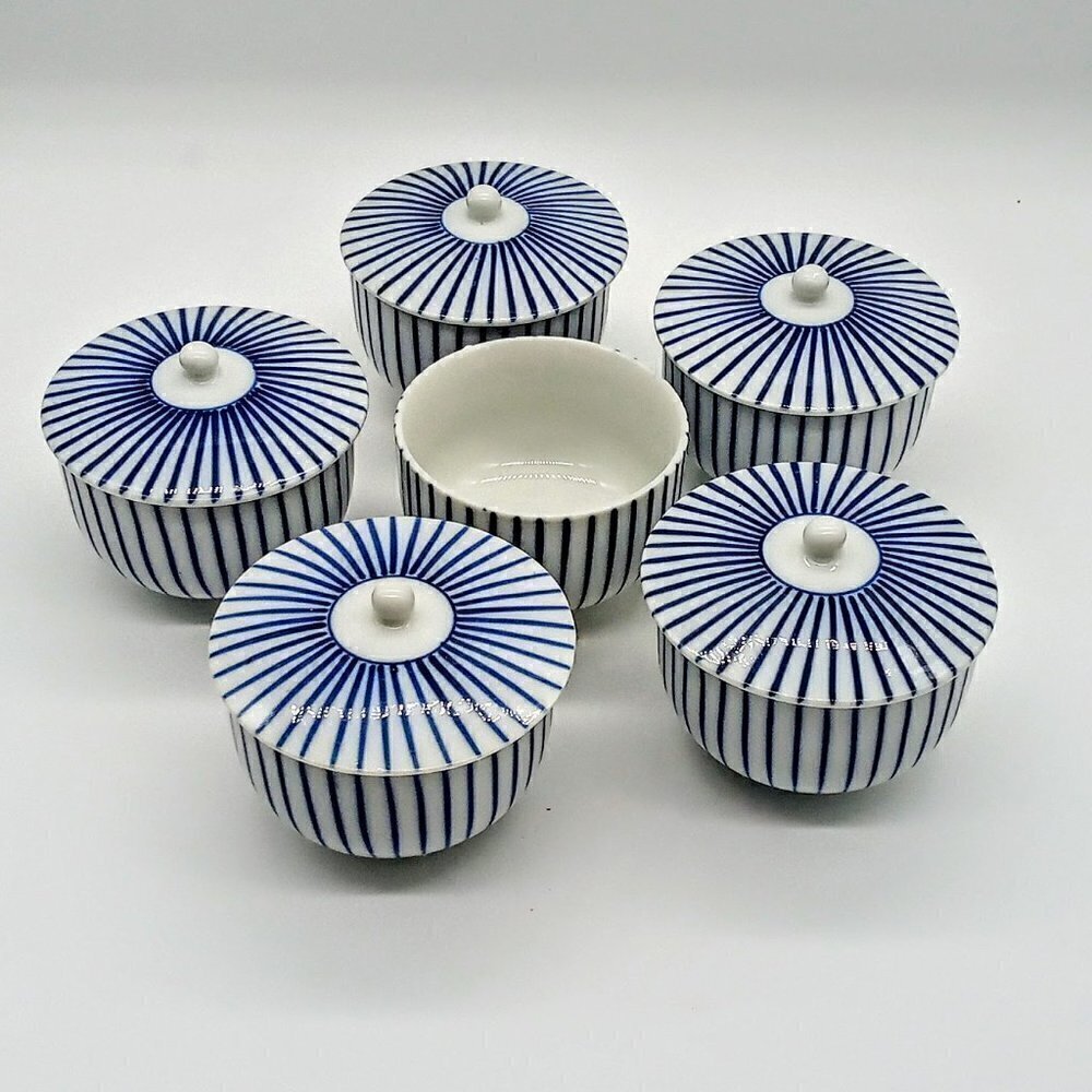Set of 5 Blue & White Porcelain Stripe Covered Tea Cups - Bonus Cup!
